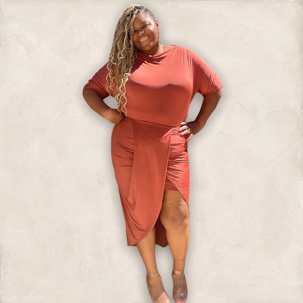 The Lexi Rust Ruched High Low Dress
